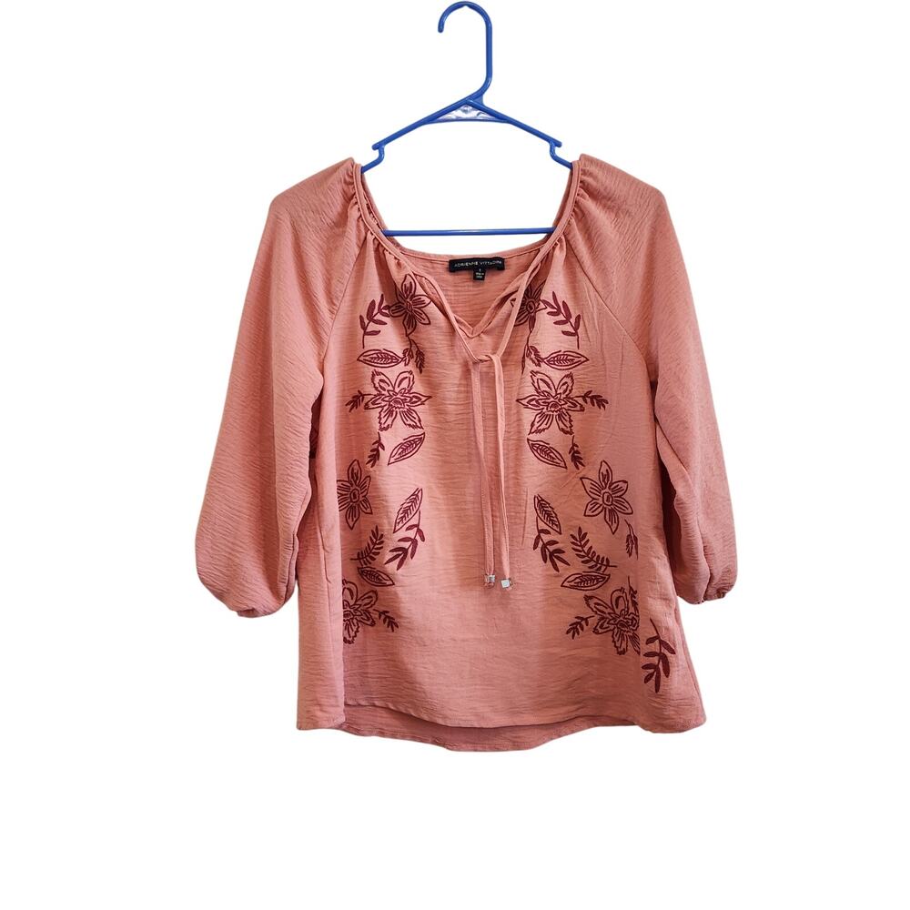 Adrienne Vittadini Floral Tie Neck 3/4 Sleeve Blouse Pullover Pink Size Small